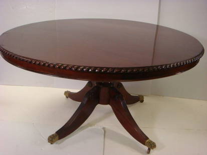 Handsome Round Mahogany Carved Pedestal Dining Table:: Handsome Round Mahogany Carved Pedestal Dining Table: Gadrooned Carving on 2" Apron. Carved Vasoform Pedes- tall With Acanthus Leaves Supported By Four Grooved Splay Legs Ending In Brass Capped