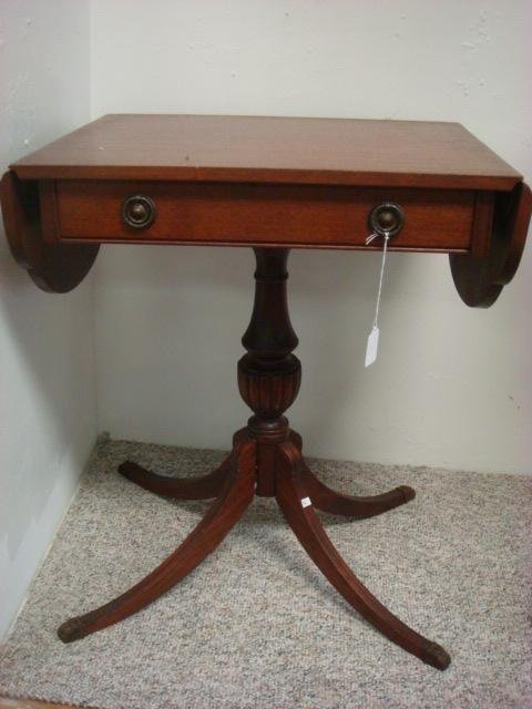 Mahogany Single Drawer Drop Side Table:: Mahogany Single Drawer Drop Side Table: Duncan Phyfe Style with 4 Out curved Splay Legs Ending in Metal Capped Paw Feet. Turned Urn Pedestal. Single Narrow Drawer with Ring Pulls. 25 1/2"T with 20" X