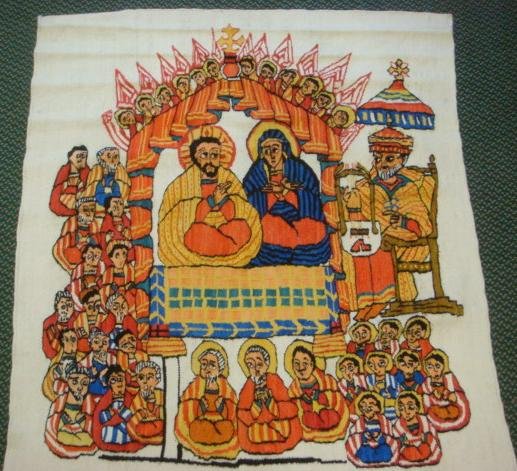 Tapestry "MARY & JOSEPH IN A LALIBALA CHURCH", 25/201:: Tapestry "MARY & JOSEPH IN A LALIBALA CHURCH", 25/201: Weaver TRYPHINAH RASEMNVE, 158 cm x 193cm (66" x 60") Hand-woven Masana Tapestry from THE KRAAL GALLERY in Botswana. Coptic Style White Ground wi