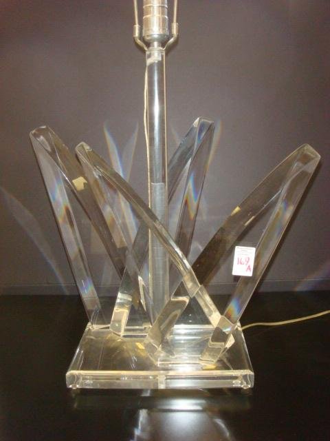 Mid Century Modern Signed VAN TEAL Acrylic Lamp:: Mid Century Modern Signed VAN TEAL Acrylic Lamp: Ca 1970's, Beveled Stalagmites Rise From Rectangular Base to Reflect Light. Nickel Socket and Harp, Signed on Base, Hive Van Teal, Miami. A Cuban Liste