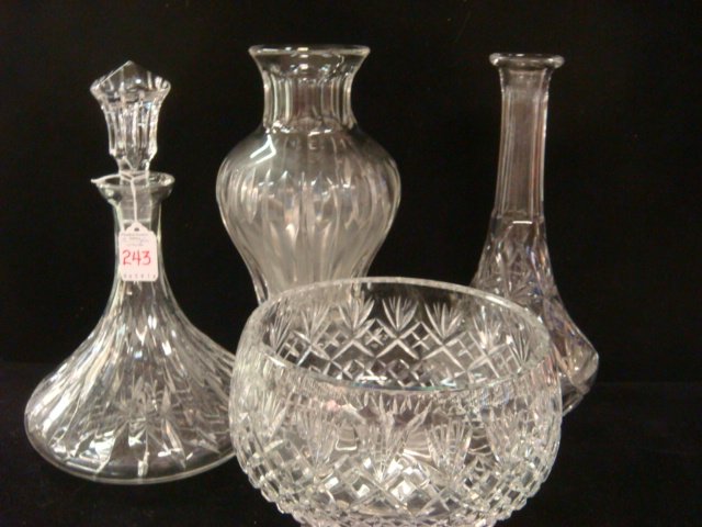 WATERFORD Marquis Vase, Decanters & Crystal Bowl:: WATERFORD Marquis Vase, Decanters & Crystal Bowl: Vase is 8"T, Ships Decanter with Stopper, 11"T, Paneled Neck Crystal Decanter is 12"T. Bowl is 8"D. All Have Star Cut Bottoms. (100-200)