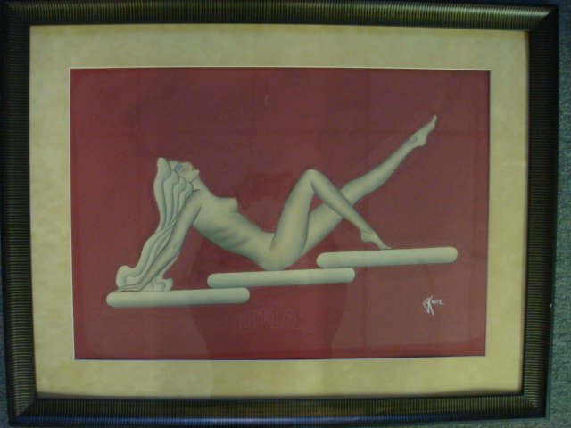 Art Deco Reclining Nude by GUSTAVE KAITZ:: Art Deco Reclining Nude by GUSTAVE KAITZ: Last Deco Artist of 20thC, 1913-1992. Best Known for Stylized Numes. Done in Opaque Watercolor Circa 1940. Title is Deco Lounging. The Reverse One is in the K