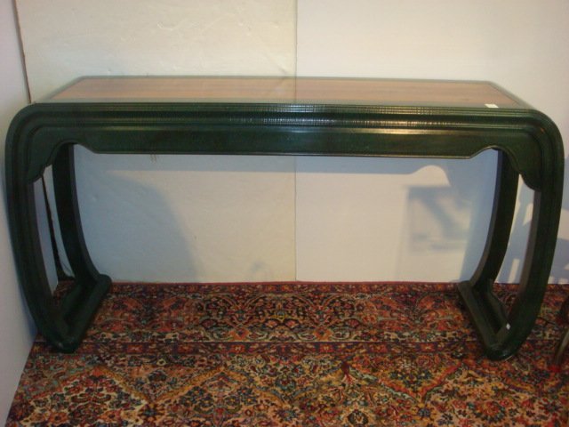 Asian Inspired HENREDON Table:: Asian Inspired HENREDON Table: Contemporary Painted Green "Marble", Surrounding Mahogany Insert. With Inward Curved Legs. Has #4123837, Underneath. 30"T x 56"L x 16"D (200-300)