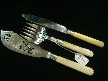 Ivory Handled Fish Set and Knife:: Ivory Handled Fish Set and Knife: Pierced 12 1/2"L Fish Knife and 9 1/8" Fork Serving Pieces have Twist Carved Ivory Handles (Age Cracks) and Engraved Blades. 11" Knife is Serrated on One Side and