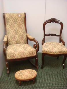 Mahogany Rocker, Open Balloon Back Chair, Footstool:: Mahogany Rocker, Open Balloon Back Chair, Footstool: Curved Back Rocker with Floral Upholstered Rolled Arms & Metal Support Near Bottom Rail. 38"T. Fruit Carved on Top Rail of Chair with Carved Splat