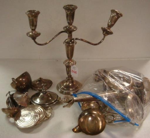 Collection of Scrap Sterling:: Collection of Scrap Sterling: Pieces Include Empire Wghtd 3 Arm Candleholder, 4 Sterling & Glass Rimmed Coasters, 2 Whiting Ltd Lighters, A Lunt Sterling Rim and 4 Candlesticks, Damaged. 26 Pcs Total.