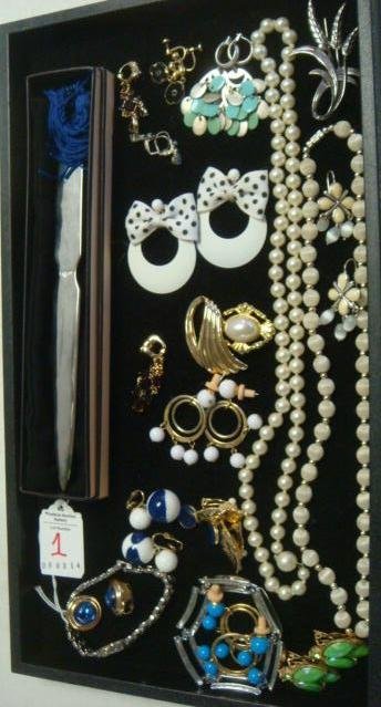 A Variety of Ladies Costume Jewelry:: A Variety of Ladies Costume Jewelry: Silvertone Link Bracelet, Japanese Pulsar Watch, Pierced and Clip Earrings, Trifari Earrings, Sterling Danecraft Pin, 24" Pearl Necklace, Filament Necklace/Earring