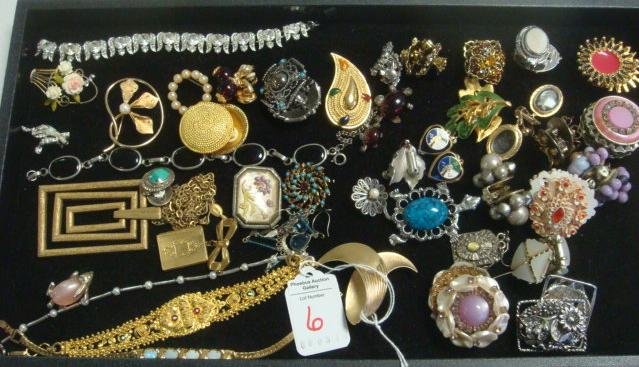Collection of Ladies Costume Jewelry:: Collection of Ladies Costume Jewelry: Rhinestone Bracelet, Pearl Circle Pin, Reverse Cut Crystal Earrings, 12+ Earrings, Opal Bracelet, Pins and Brooches. Includes Tacoa, Coro, Trifari and Gerry. (100