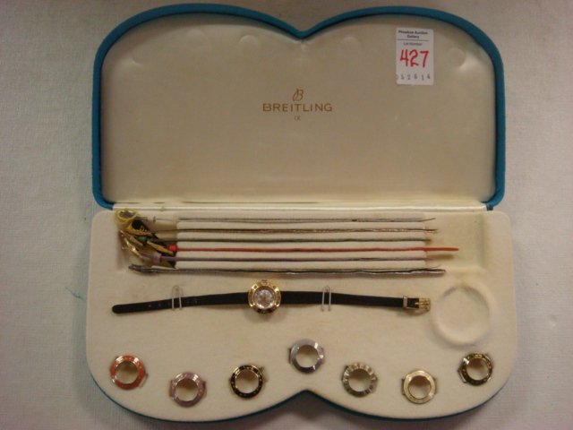 BREITLING 1X Ladies Watch With Changeable Bands:: BREITLING 1X Ladies Watch With Changeable Bands: 7 Interchangeable Straps; 8 Enamel Bezel Face Covers. Made In 1950's For Ladies to Have Multiple Looks. Good Condition, Complete Set In Original Box. M