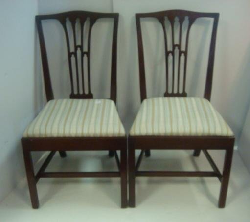 Pair of Hepplewhite Style Upholstered Side Chairs:: Pair of Hepplewhite Style Upholstered Side Chairs: Mahogany Carved Splat Back w/Striped Upholstery on Set in Seat. Supported by Straight Legs and Single Stretcher Base. 22"T To Back, 18"T To Seat. (10