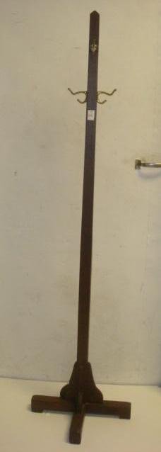 Arts and Crafts Oak Coat Rack:: Arts and Crafts Oak Coat Rack: Solid, Sturdy Construction With Four Brass Hooks. Measures 68 1/4"T. (100-200)