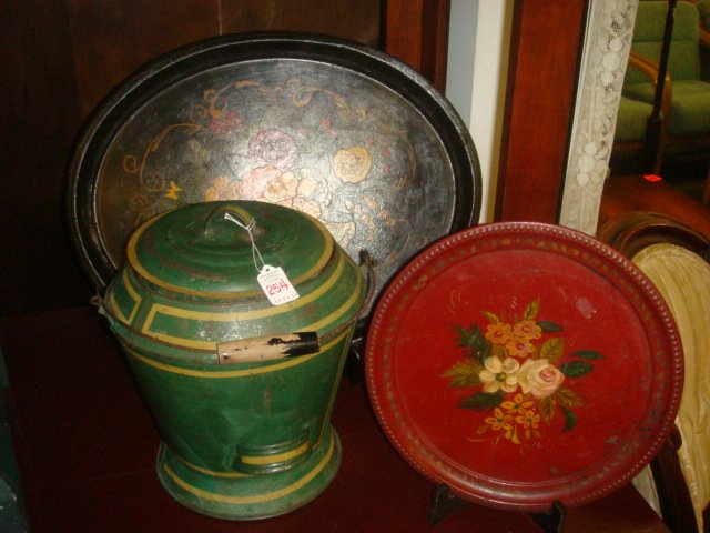 19th C Tole Ware Painted Ash Can and Trays:: 19th C Tole Ware Painted Ash Can and Trays: Green with Yellow Can has Side Handle for Dumping, Bail Handle with Wooden Grip and Lid. 12"T. Red Painted Round Tin Tray with Flowers is 12 3/4"D. Black Ov