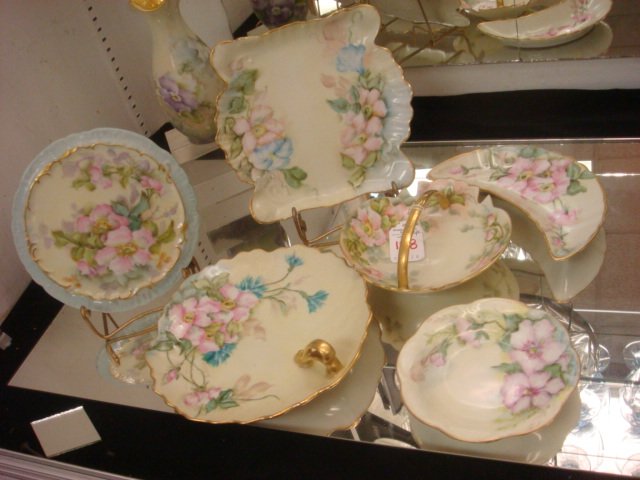 Assorted Hand Painted German Porcelain Accessories:: Assorted Hand Painted German Porcelain Accessories: 7 Pieces Including Nappy, 6" Trivet, 6 1/2" Bud Vase, Crescent Dish, 6 1/2" Square Dish. All Unmarked with Dogwood Pattern. (60-80)