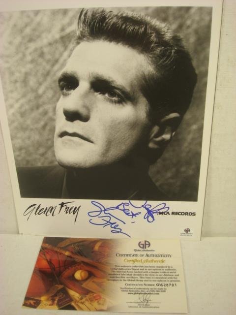Autographed GLENN FREY Photograph:: Autographed GLENN FREY Photograph: b. Glenn Lewis Frey: 11/1948 Detroit, MI. Founding Member of The Eagles. Guitar, Keyboards & Vocals Black & White 8 X 10 Glossy, Signed Photo, Inscribed. In Blue Mar
