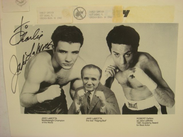Autographed JAKE LAMOTTA Photograph:: Autographed JAKE LAMOTTA Photograph: "Jake" LaMotta, b.1921-. Middleweight & Light Heavy- Weight. Wrote, "Raging Bull; My Story". Released As Movie in 1970 Starring Robert DeNiro. Black & White 8 X 10