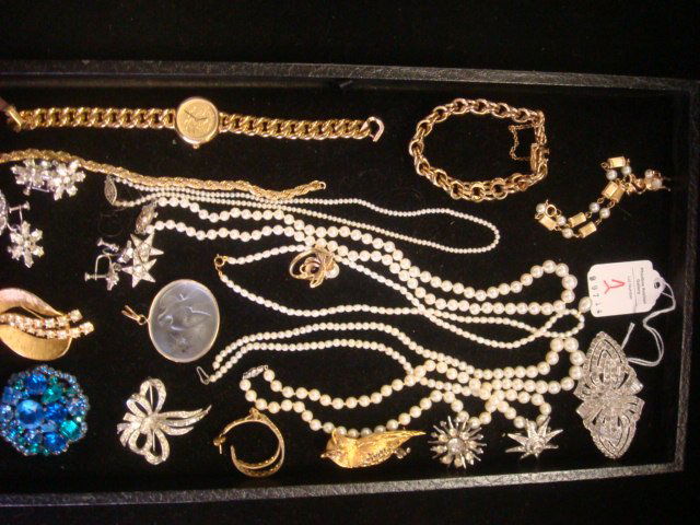 Collection of Ladies Costume Jewelry:: Collection of Ladies Costume Jewelry: Weiss Blue Stone Brooch, Kramer Rhinestone Bow Pin, Rhinestone Pins and Earrings, 5 Strands of Cultured and Seed Pearls, American Link Gold Bracelet, Gold Coin Wa