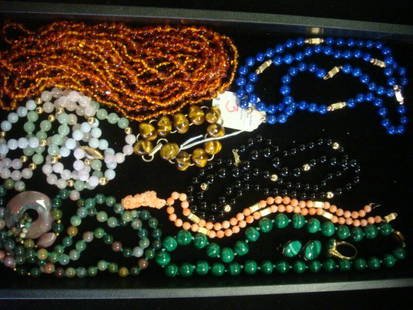 Various Ladies Semi-Precious Stone Necklaces, Bracelet: Various Ladies Semi-Precious Stone Necklaces, Bracelet 30" Lapis, 26" Onyx, 16" Pink Coral, 17" Malachite Necklace, Ring, Earrings. Two 56" Amber, 32" Green, Pink and Blue Jade, 28" Jade and Quartz.