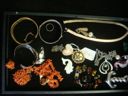 Collection of Ladies Costume Jewelry, Some Sterling:: Collection of Ladies Costume Jewelry, Some Sterling: Natural Orange Spezzati Branch Coral Bracelet, Pin and Earrings. Cuff Bracelet and Earrings, Middle Eastern Bracelet and Ring, Carved Shell Fish