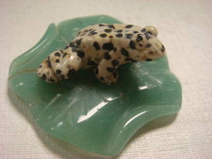 Zoisite Frog on Green Marble Lotus Leaf:: Zoisite Frog on Green Marble Lotus Leaf: Hand Carved 1 1/2"L Spotted Frog is Attached to 2 1/2"L Carved Marble Leaf. From China. (60-80)