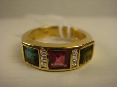 18K Gold Ring With Green, Red, Blue Tourmalines: