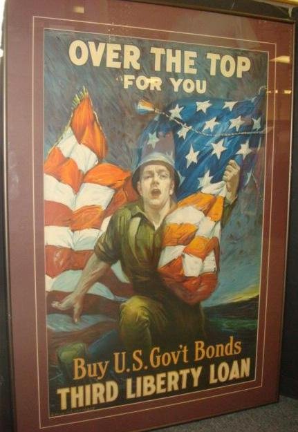 Original World War I Poster "OVER THE TOP", CA 1917:: Original World War I Poster "OVER THE TOP", CA 1917: Boldly Colorful Classic by Jewish American Illustrator SIDNEY REISENBERG for the Third Liberty Loan, One of Most Dramatic and Patriotic Posters of 
