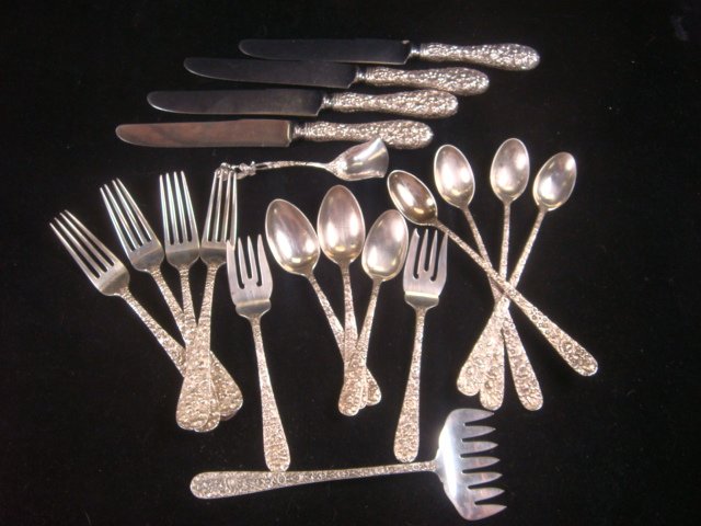 STIEFF Rose Flatware & S KIRK Bacon Fork:: STIEFF Rose Flatware & S KIRK Bacon Fork: Stieff Rose Includes Four Each Place Forks, Knives and Ice Tea Spoons, 3 Teaspoons and 2 Salad Forks. S Kirk & Son Repousse 7 1/2" Bacon Fork. Also Includes 8