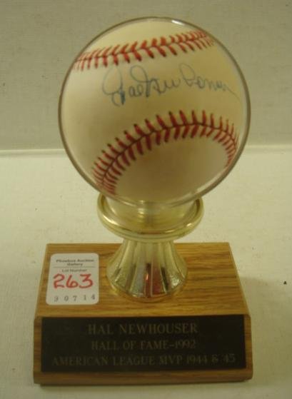 HAL NEWHOUSER Signed Baseball in Mounting with Plaque: HAL NEWHOUSER Signed Baseball in Mounting with Plaque "Prince Hal" was American League MVP 1944 and 45 with Detroit Tigers, Only Pitcher to be Back to Back MVP. Elected to Hall of Fame 1992. American 