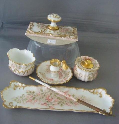 Antique Limoges Handpainted Porcelain Desk Set:: Antique Limoges Handpainted Porcelain Desk Set: Ca 1897. 6 Piece Set Includes 7 3/4"L Dip Pen, 9"L Pen Tray (JP Limoges), 2"T Ink Jar (CFH/GDM), 1 7/8"T Candlestick (H&CO), 2 3/4" Oval Pot (MR Limoges