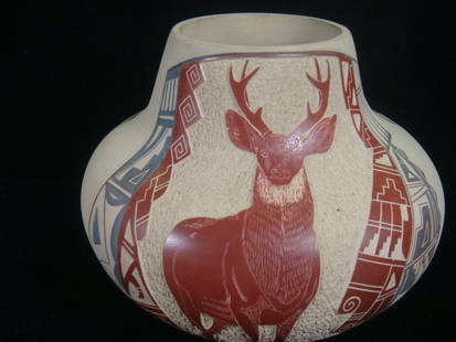 THOMAS POLCACCA NAMPEYO (1935-03) "SGRAFFITO" Vessel:: THOMAS POLCACCA NAMPEYO (1935-03) "SGRAFFITO" Vessel: Deep Carved Polychrome HOPI/TEWA Pottery. Dated 1977, decorated with Buffalo and Deer, 7" Tall 8" Diameter. Thomas is First Male Potter of