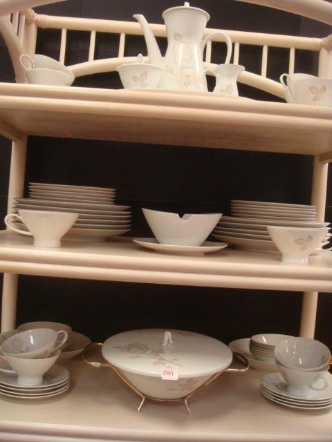ROSENTHAL Germany Classic Rose Dinnerware, 64 Pc:: ROSENTHAL Germany Classic Rose Dinnerware, 64 Pc: Ca 1961-1977. White Rose with Brown Leaves, Outlined in Gold on White Ground. 11 Dinner, 12 Salad & 8 Bread Plates, 11 Cups, 12 Saucers, 12 Fruit Bowl