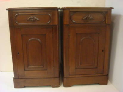 Pair of Walnut Night Stands with Drawer & Cabinet:: Pair of Walnut Night Stands with Drawer & Cabinet: Single Drawer with Carved Fruit Pull Over Arched Front Cabinet Door, Opens to Shelf Interior. Paneled Sided. 30"T, 16" X 18 1/4" Beveled Top. Key