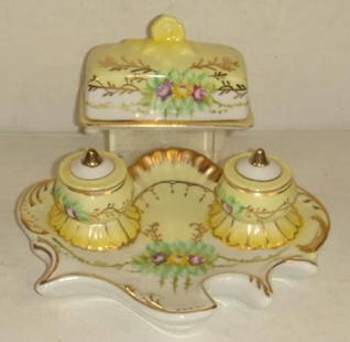 Limoges Double Inkstand with Stamp Holder:: Limoges Double Inkstand with Stamp Holder: Shaped Inkstand is 6" X 8" with 2 Removable Inkwells with Lids. 2 Part Stamp Holder Opens to 3 Compartments for Stamps. 2 1/2" X 4 1/2". Handpainted Yellow