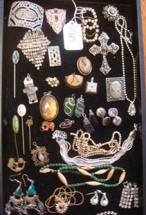 Assortment of Ladies Costume Jewelry:: Assortment of Ladies Costume Jewelry: Rhinestone, Jade and Liquid Silver Necklaces. Swank Hickok Tuxedo Mother of Pearl Cuff Links, Wrapped Stone and Glass Pendants, Napier Pendant. Shoe Clips, Belt