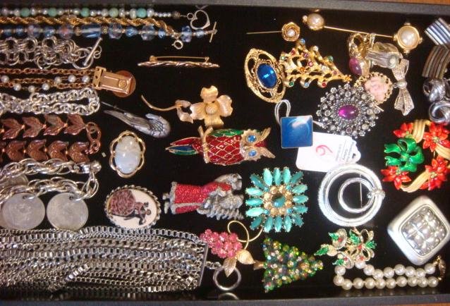 Ladies Costume Pins, Bracelets and Earrings:: Ladies Costume Pins, Bracelets and Earrings: Silver Heart Bracelets, Peso Coin Bracelet, 13 Strands of Various Length, Holiday Colored Stones, Enamel and Floral Pins. Some Sara Coventry, Napier and Co