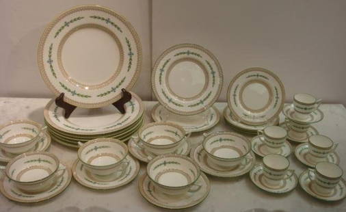 Partial Set of MINTON "Kent" Dinnerware:: Partial Set of MINTON "Kent" Dinnerware: Pattern #B1306 Ca 1936; White China W/Vibrant Green Edge, Scrolls, Yellow Accent and Blue Flowers w/Green Leaves. A True Classic. Includes 6 Dinner Plates- 10