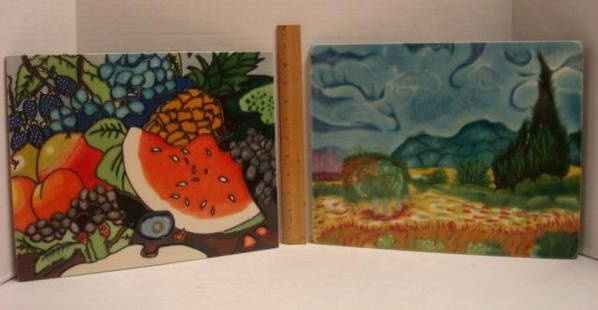 Two Handpainted Ceramic Tile Plaques:: Two Handpainted Ceramic Tile Plaques: Use of Ceramic Clay to Outline and Give Unique Raised Effect. Drawn and Painted by Hand, Then Fired. One is Van Gogh Like Landscape in Arles, Other is Fruit