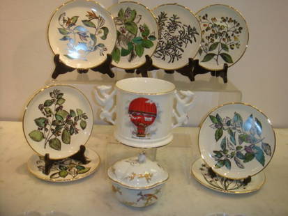 Ceramic Plates, Box and Wine Cooler:: Ceramic Plates, Box and Wine Cooler: Eight Delano Studios Herb Theme 7 1/4"D Plates. Richard Ginori Italy Ledded Box with Birds, Floral and Rose Finial is 5"T. Royal Vale Double Dragon Handled Wine