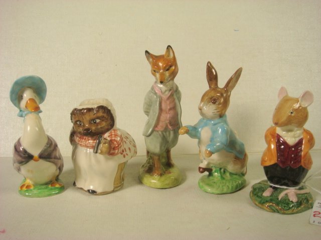 Six Beatrix Potter BESWICK Figurines:: Six Beatrix Potter BESWICK Figurines: Peter Rabbit 1948, 4 3/8"T. Jermima Puddleduck 1989, 4"T. Tiggy Winkle 1948, 3"T. Foxy Whiskered Gentleman 1954, 4.6"T. Pigwig, 4"T. Royal Doulton Lord Woodmouse 