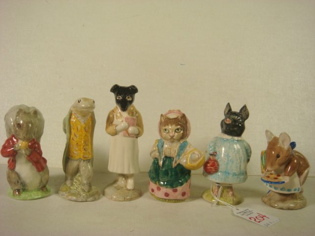 Five Beatrix Potter BESWICK Figurines:: Five Beatrix Potter BESWICK Figurines: Cousin Ribby 1970, By Gredington, 3 1/4"T. Timmy Tiptoes with Red Coat 1948, 3"T. Issac Newton 1973, 3 3/4"T By Tongue. Pickles 1971, 4 1/4"T by Hallam. Appley D