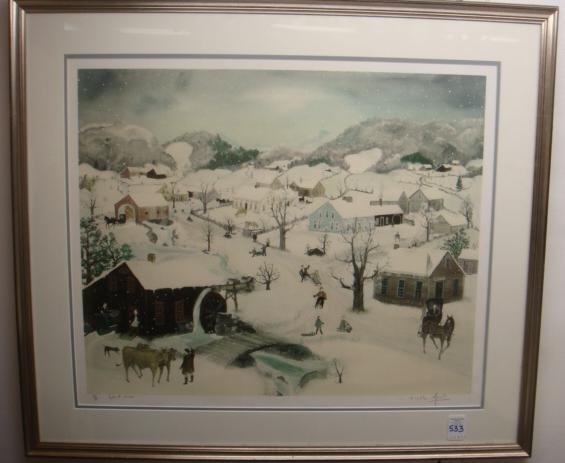 Folk Art Litho "Let It Snow" by Will Moses:: Folk Art Litho "Let It Snow" by Will Moses: NY Artist from a Family of Folk Artists. Self Taught. Signed in Pencil #427/500. Printed on 100% Rag Cote Stock. COA On Back. Created in Dec. 1987. Painted