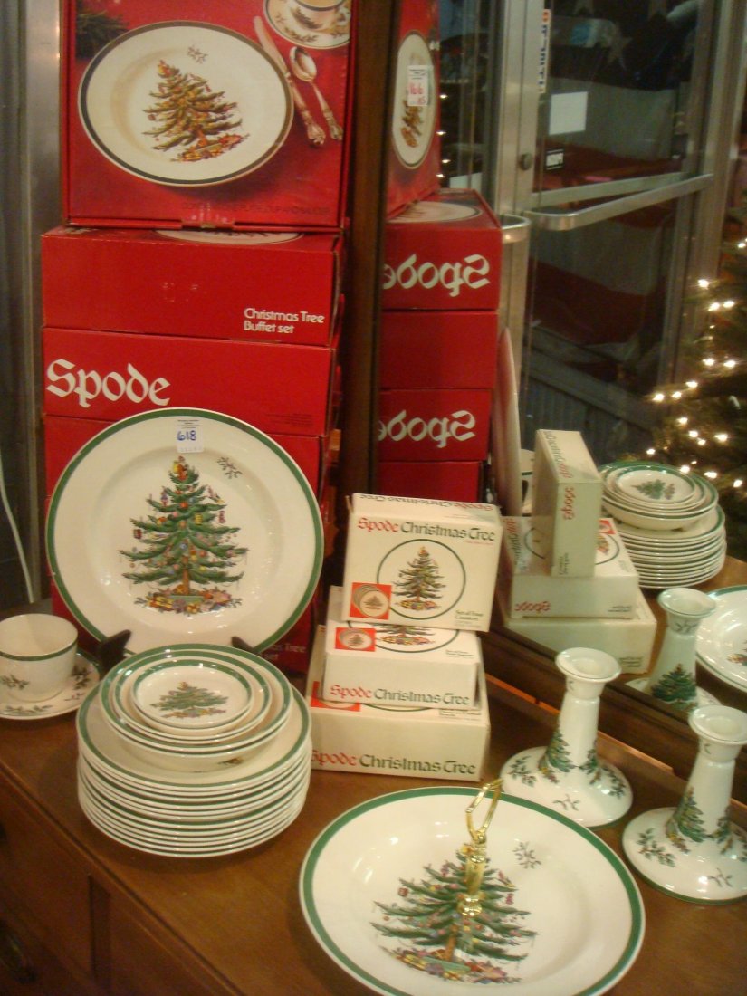 Spode Christmas Tree 45 pcs. Dinnerware:: Spode Christmas Tree 45 pcs. Dinnerware: Six 10 1/2" Plates, 12 Salad, 6 Coasters, 7 Fruit Bowls, 6 Bowls, 6 Plates/Cups/Saucers. 10" Tray, 6" Candlesticks. Discontinued Pattern. Some Boxes. (300-400)