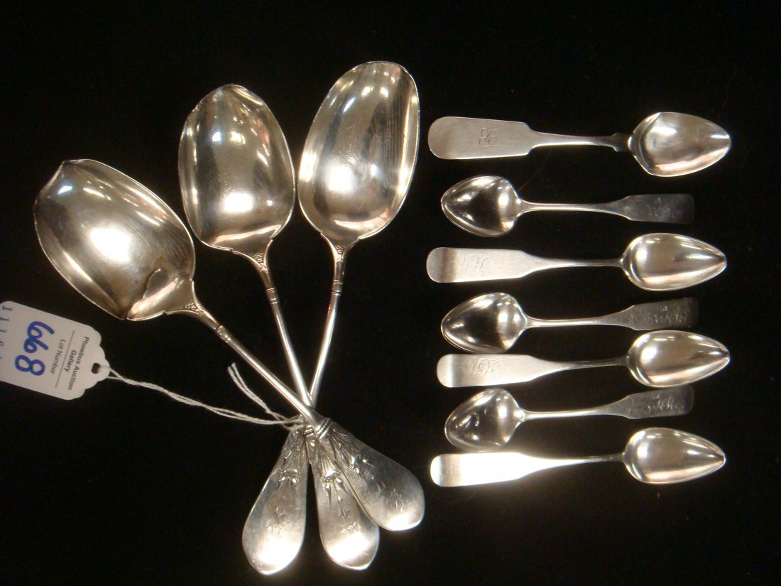 GORHAM Sterling Tablespoons and Coin Silver Spoons:: GORHAM Sterling Tablespoons and Coin Silver Spoons: Three Gorham Tablespoons have Much Wear on Bowls. One is Split. Six Coin Silver Fiddle Pattern Teaspoons Marked Bishop and 1 Farmville VA Coin Spoon