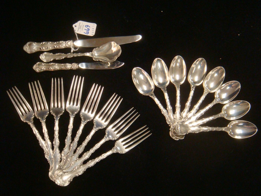 Partial Set of GORHAM Strasbourg Sterling Flatware:: Partial Set of GORHAM Strasbourg Sterling Flatware: Includes 8 Each Table Forks and Teaspoons, One Table Knife, Master Butter Knife and Sugar Spoon. 25.32 oz. Minus Hollow Handled Pieces. (300-400)