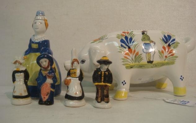 HB Henriot Quimper Bell, Pig Bank, 4 Figurines:: HB Henriot Quimper Bell, Pig Bank, 4 Figurines: HB Henriot Lady Bell with Leg Clapper, 5"T. Ca 1984. Pig Bank with Breton on One Side, 4"T, 8"L. 4 Mini French Faience Hand Painted Figurines of 2 Men a