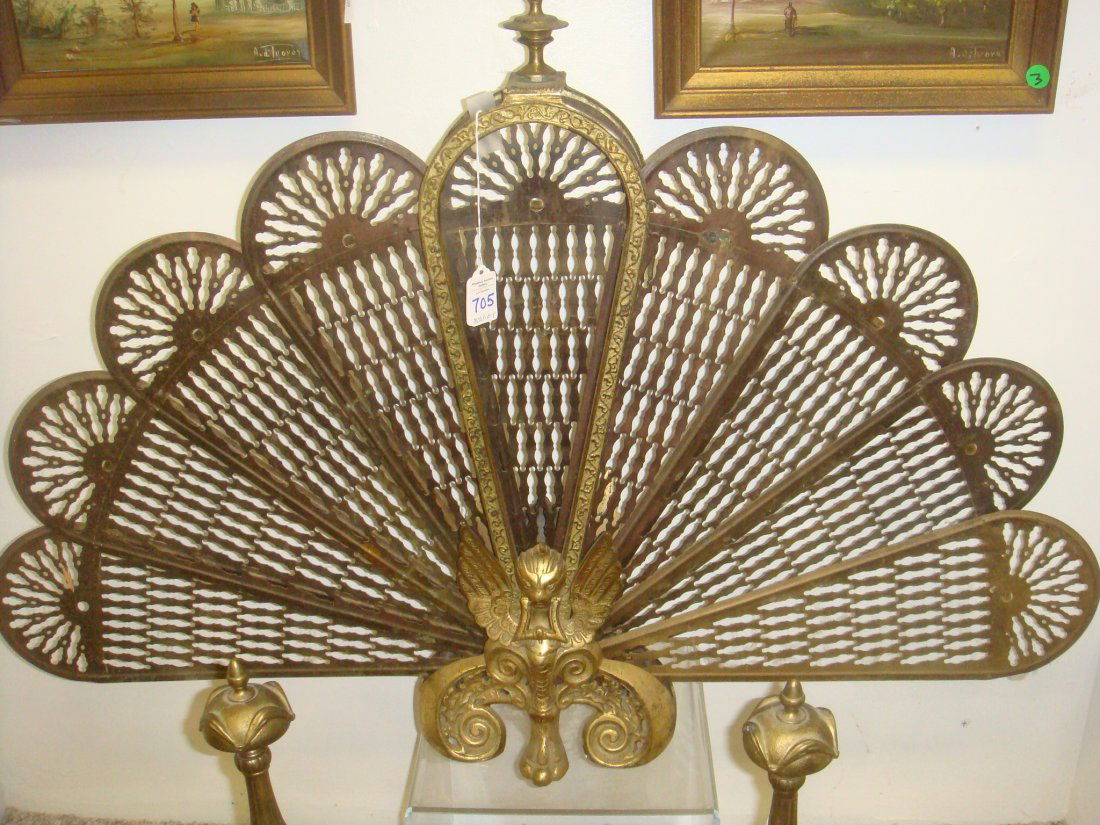 Vintage Brass Fireplace Fan with Winged Griffin:: Vintage Brass Fireplace Fan with Winged Griffin: Gothic Folding Peacock Fan Fire Screen has 9 Detailed Lattice Panels with Side Latches. Opens to 38"W X 25 1/2"T. Flame Finial. (80-140)
