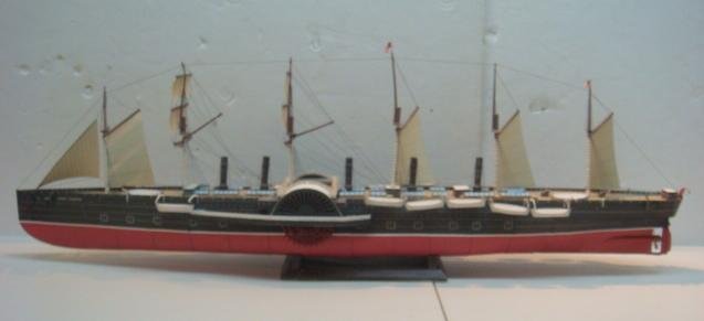 Papercraft Model of GREAT EASTERN, 1/250 Scale:: Papercraft Model of GREAT EASTERN, 1/250 Scale: Paddlewheel Super Ship of 19th Century, Laid the First Transatlantic Cable, Cursed throughout its Career by Dead Shipfitter locked in Hull. 41" Long. By