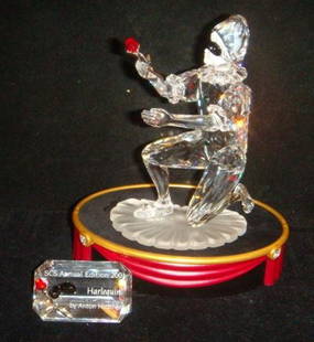 SWAROVSKI Crystal Harlequin, Masquerade Series:: SWAROVSKI Crystal Harlequin, Masquerade Series: Clown Figurine with Stand and Plaque. 2001 SCS Annual Edition. Kneeling Figure with Rose is 5 1/8"T. All with Original Boxes. The Mysterious Clowns of