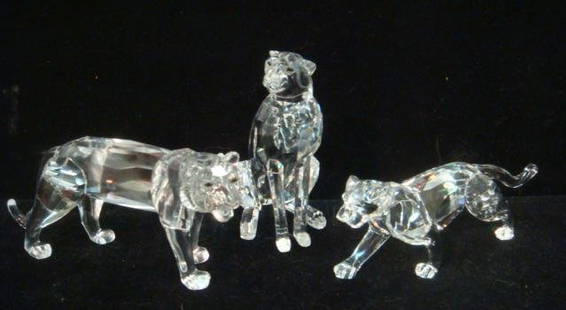 SWAROVSKI Crystal Cheetah, Leopard and Tiger:: SWAROVSKI Crystal Cheetah, Leopard and Tiger: From African Wildlife Series. Cheetah is 4 3/4:T, Leopard is 2"T, 5 1/2"L. Tiger from Endangered Species Series is 2 3/8"T, 5 1/2"L. All with Original