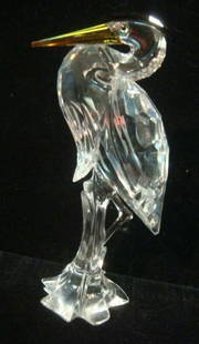 SWAROVSKI Crystal Silver Heron:: SWAROVSKI Crystal Silver Heron: Heron with Amber Beak and Black Crest is 6"T. Original Box. I See These Every Morning in the Mist of the Lake on My Morning Strolls. (110-210)