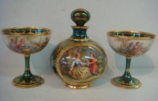 DRESDEN Hand Painted Sherbets & Perfume Decanter:: DRESDEN Hand Painted Sherbets & Perfume Decanter: Pair of 4"T Stems with Hand Painted Romantic Scenes. Green Glass with Heavy Gilt Floral and Accents. Green Crown with Cross, Gold Flower. Scene Repeat